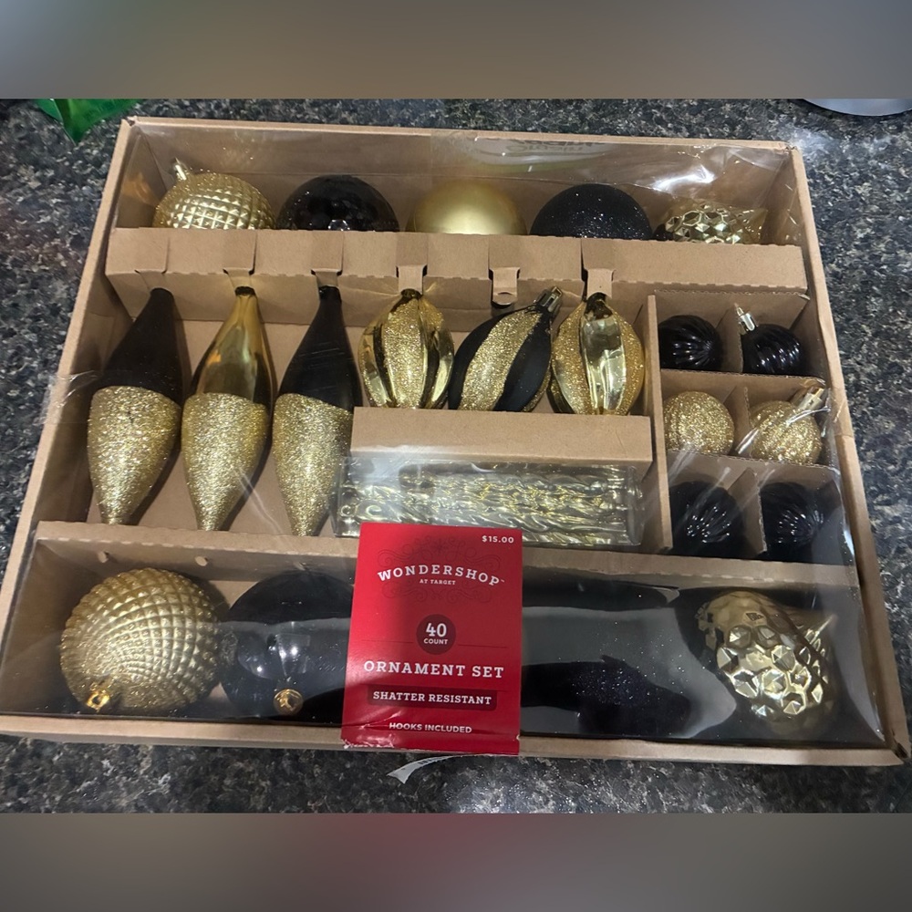 Wondershop black & gold Sparkling Christmas Ornaments 40 count w/hooks NEW!